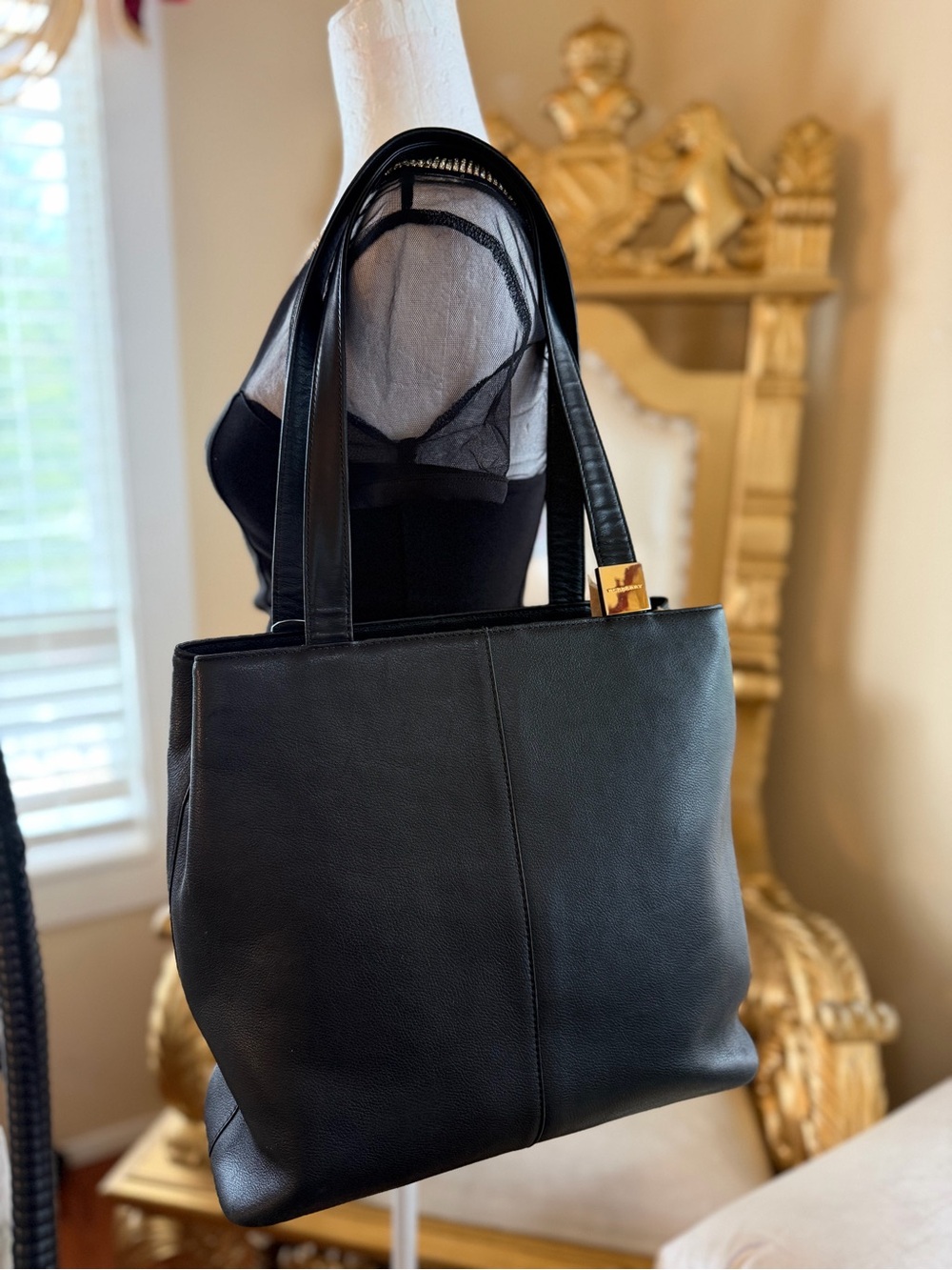 Burberry Black Leather Tote with Gold Accent With COA